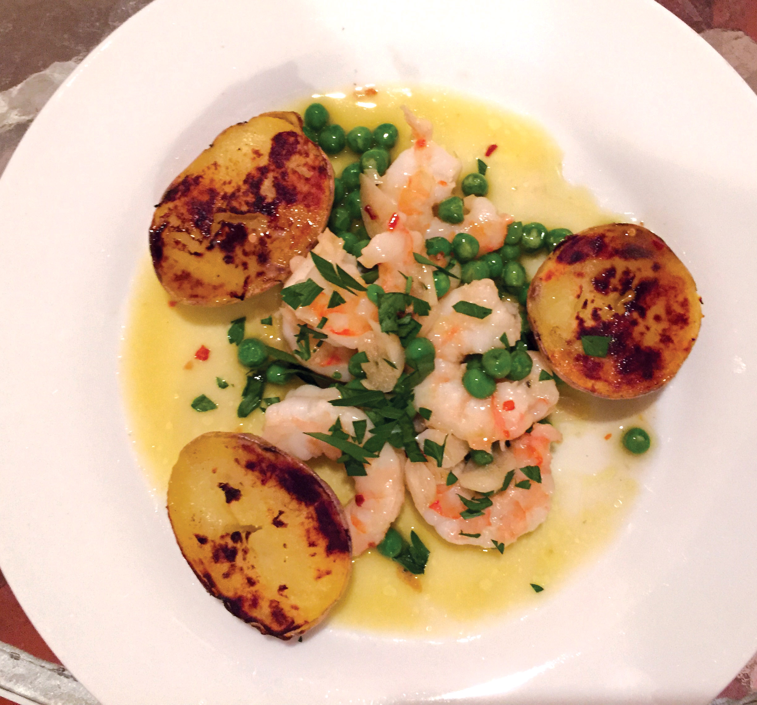 Shrimp with Fresh Peas & Potatoes Beurre Blanc
