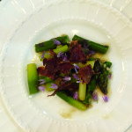 Skillet Braised Asparagus with Crispy Coppa & Chive Flowers