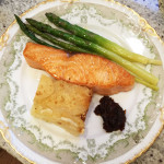 Salt Seared Salmon with Fresh Asparagus, Potato Gratin & Chutney